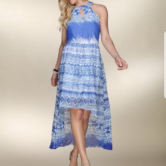 White & Blue Geometric Hi-lo Dress - Picture 3 of 3